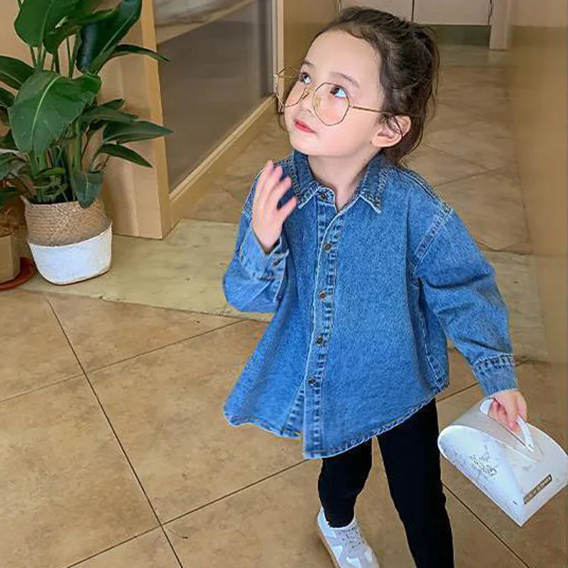 Fashion Style Children Girl\'s shirts Kids Denim Shirt Long Sleeve Blouses Solid Color Children\'s Shirt BC022