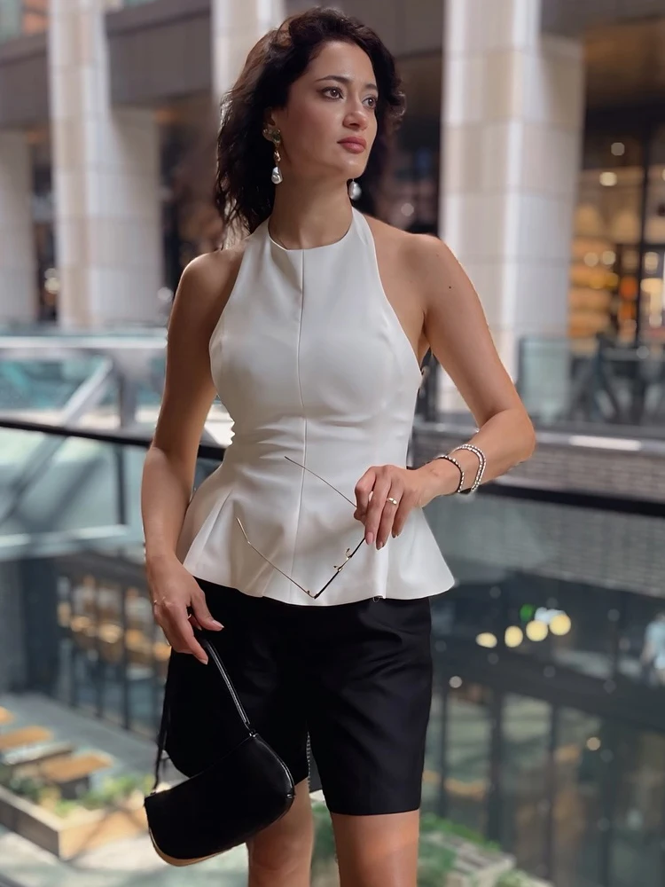 HH Frauen Sommer Neue Feste Hängenden Hals Kragen Ärmelloses 4-Farben-Top Weibliche Sexy Mode Backless Zipper Kurzen Rock Saum top