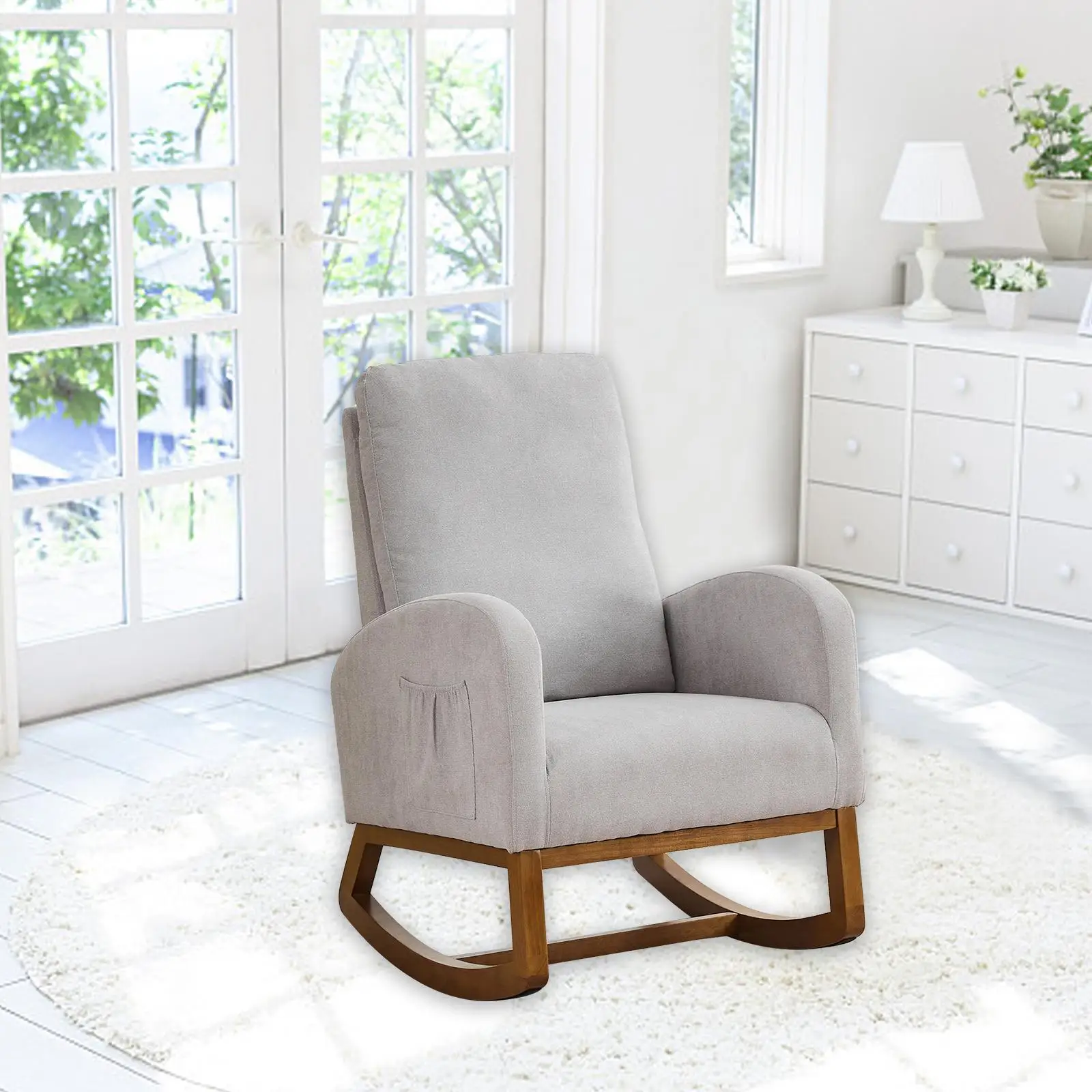 Luxurious Light Gray Nursery Rocking Chair, High Back Glider with Side Pocket &