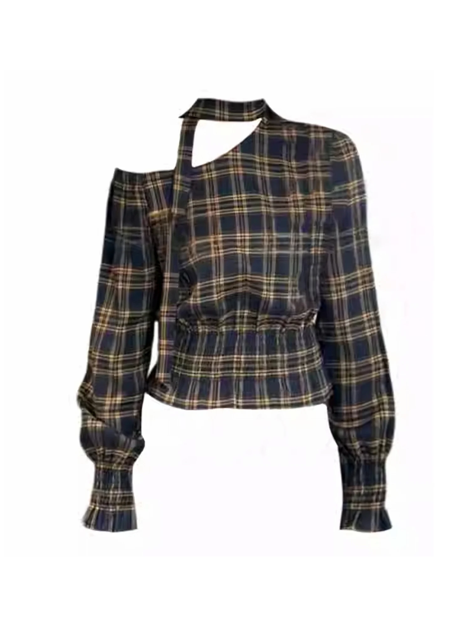 

Women Plaid Shirts and Blouses Aesthetic Y2k 2000s Ladies Top Vintage Elegant Long Sleeve Dropped Shoulders Shirt Clothes Autumn