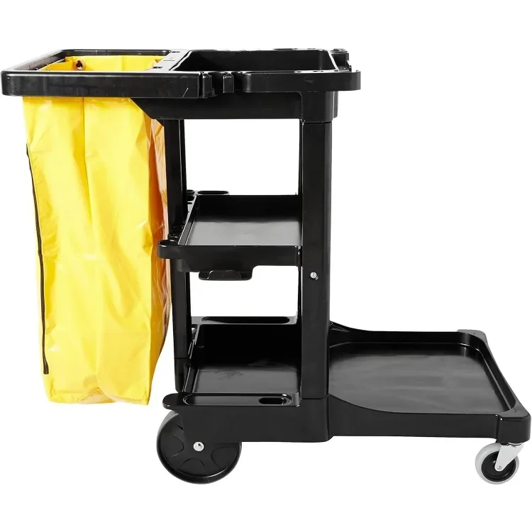 Commercial Traditional Janitorial 3-Shelf Cleaning Cart, Wheeled with Zippered Yellow Vinyl Bag, for Stores, Schools,