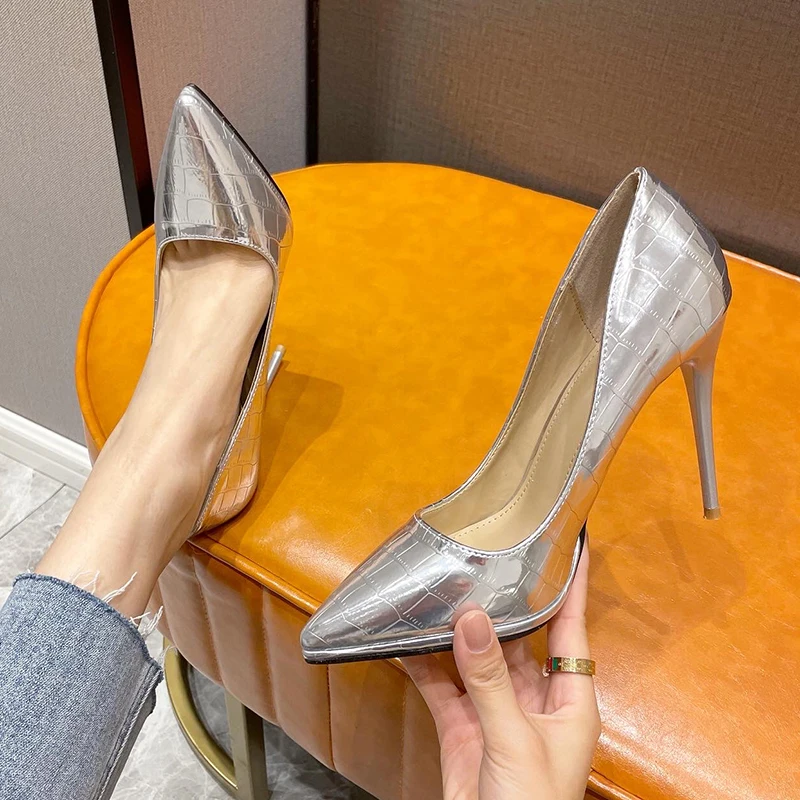 

NIUFUNI Summer Pointy Solid Color Stone Grain Silver Women's Pumps Stiletto High Heels Fashion Simple Elegant Dress Woman SShoes