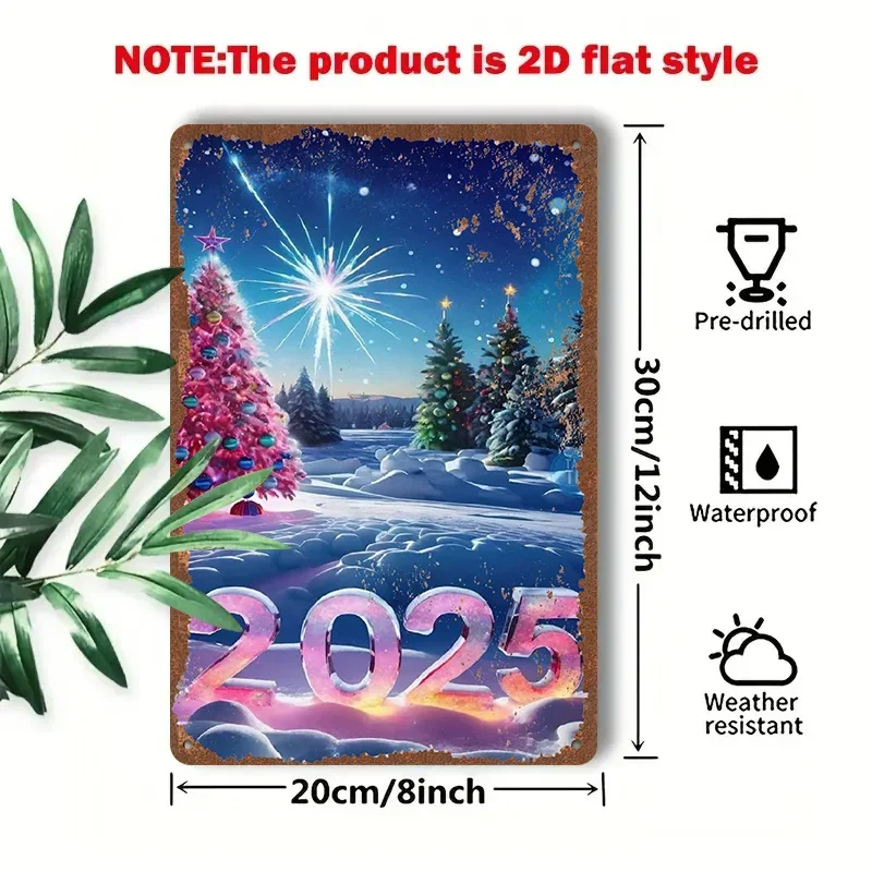 2D Flat - 1pc 2D [Flat] Metal Sign Vintage Tin Art 8X12 Inches / 20X30 Cm, Depicting a Beautiful Snowy Scene for New Year'S Eve