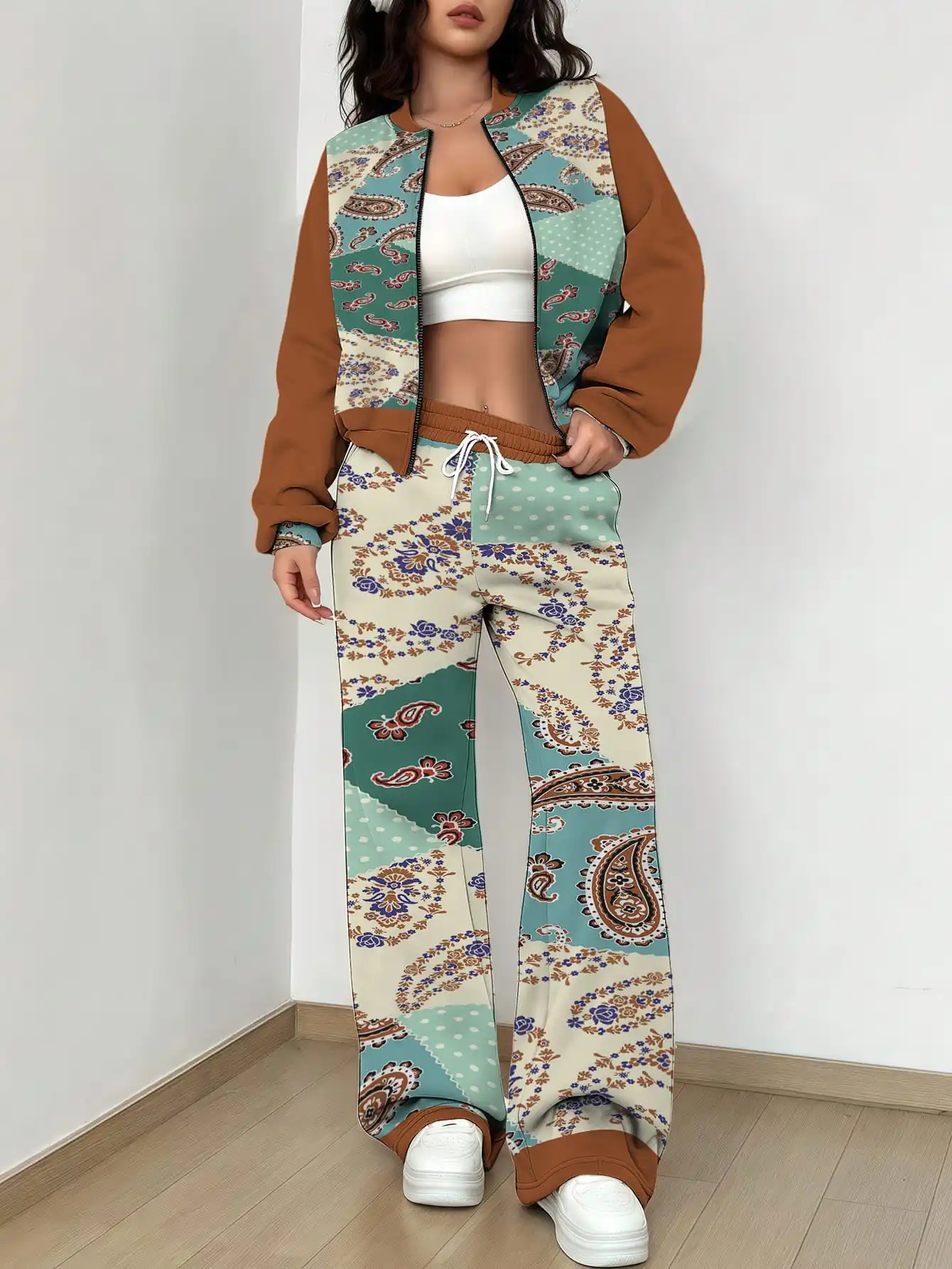 

2025 Autumn New Women's Flower Pattern Trendy Loose Zipper Long Sleeve Tethered Pants Set
