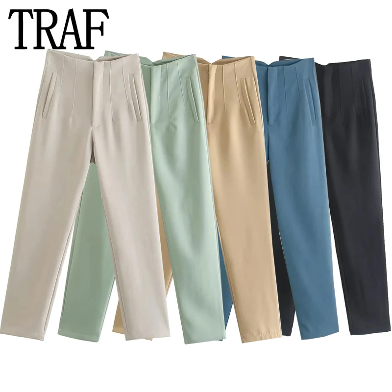 TRAF Women\'s Pants Beige Pencil High Waist Pants For Women Office Casual Elegant Woman Trousers Fashion Streetwear Summer Pants