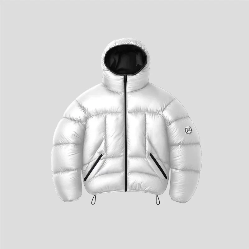 Men Shiny Puffer Jacket Back Homme Letter Print Hooded Down Coat Oversized Warm Winter Couple Bubble Coat Black White Unisex New view 5