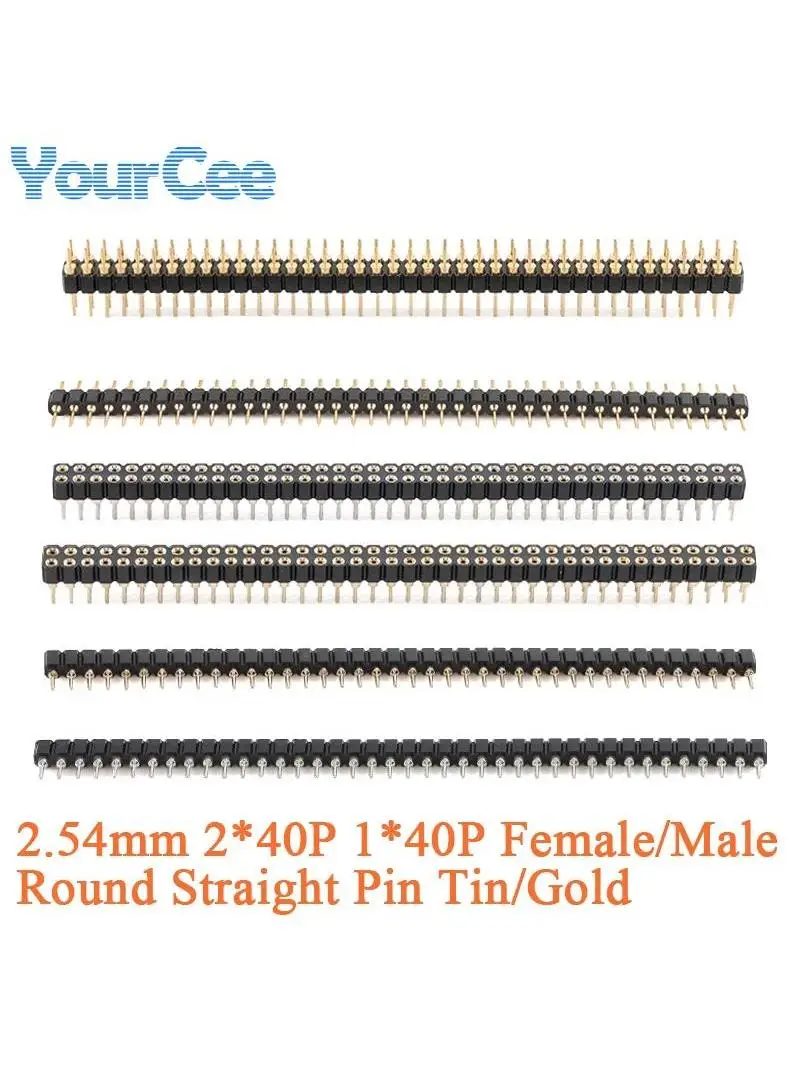 50 szt./2 szt. 1x40 Pin Raster 2,54 mm DIP 2x40P Jedno-/Dwu-rzędowe Złącze Żeńskie/Męskie z Okrągłymi Pinami 40P Cynowane Pozłacane — zdjęcie 2