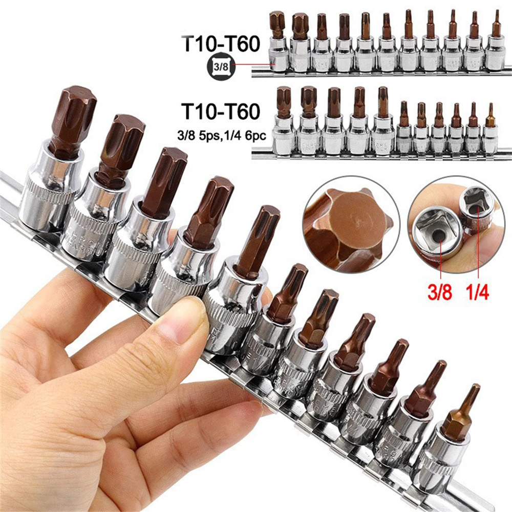 

11pcs Torx Screwdriver Bits 3/8" 1/4" Torx Star Driver Socket Set Chrome Vanadium Steel Ratchet Socket Wrench Adapters Press-Fit