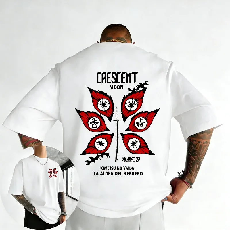Demon Slayer Anime Kokushibo Bedrucktes T-Shirt aus schwerer Baumwolle für Herren, Sommer, neu, Hip-Hop, locker, lässig, Y2K, bequem, für Eltern und Kinder