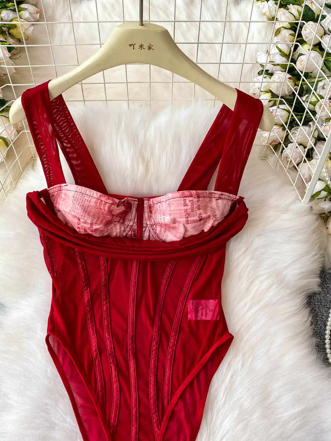 Vrouwen Rode Mesh Jumpsuits Vintage Skinny Speelpakjes Harajuku Lange Mouw Vierkante Kraag Exotische Sexy Zwarte Rompertjes Coquette Kleding