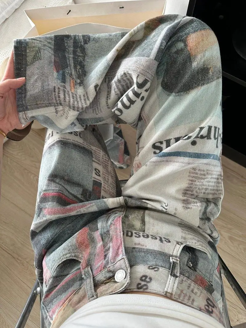 American style high street personalized printed newspaper jeans for men and women summer straight tube loose wide leg pants y2k