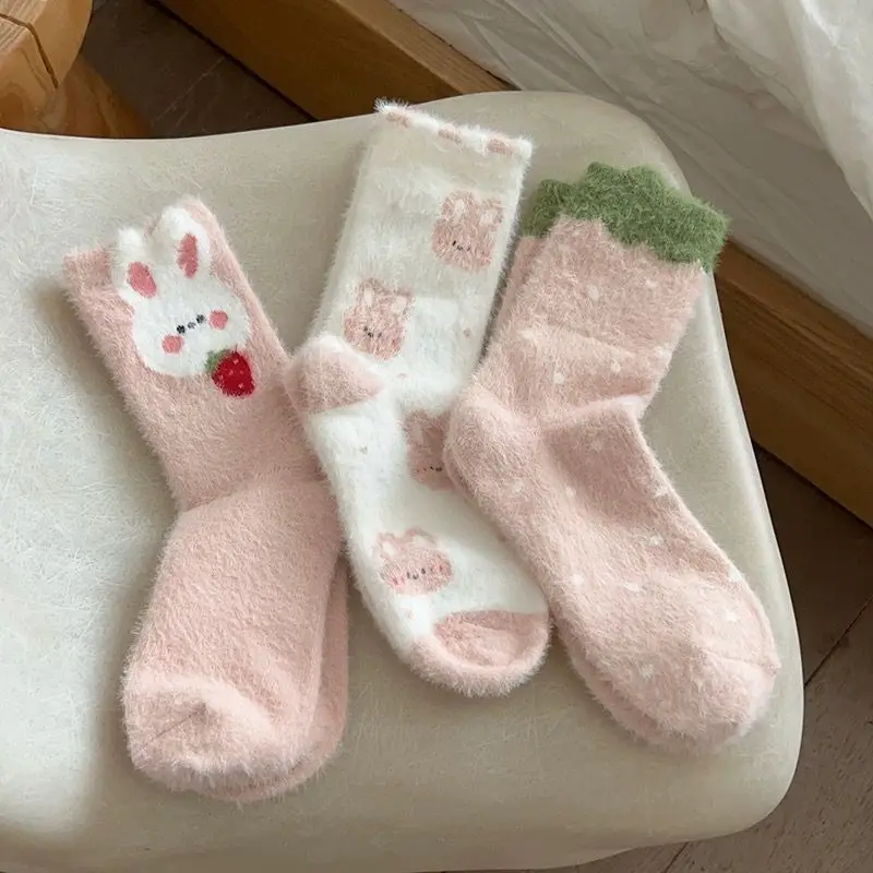 

3 Pairs Women's Autumn Winter Socks Rabbit Velvet Thick Warm Mid Tube Cute Bunny Pink Long Tube Sleeping Sock Solid Color Simple