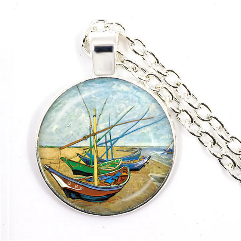 Fashion Van Gogh Art Starry Night Sunflower Necklace 25mm Glass Cabochon Dome Pendant Jewelry For Women Girls Gift