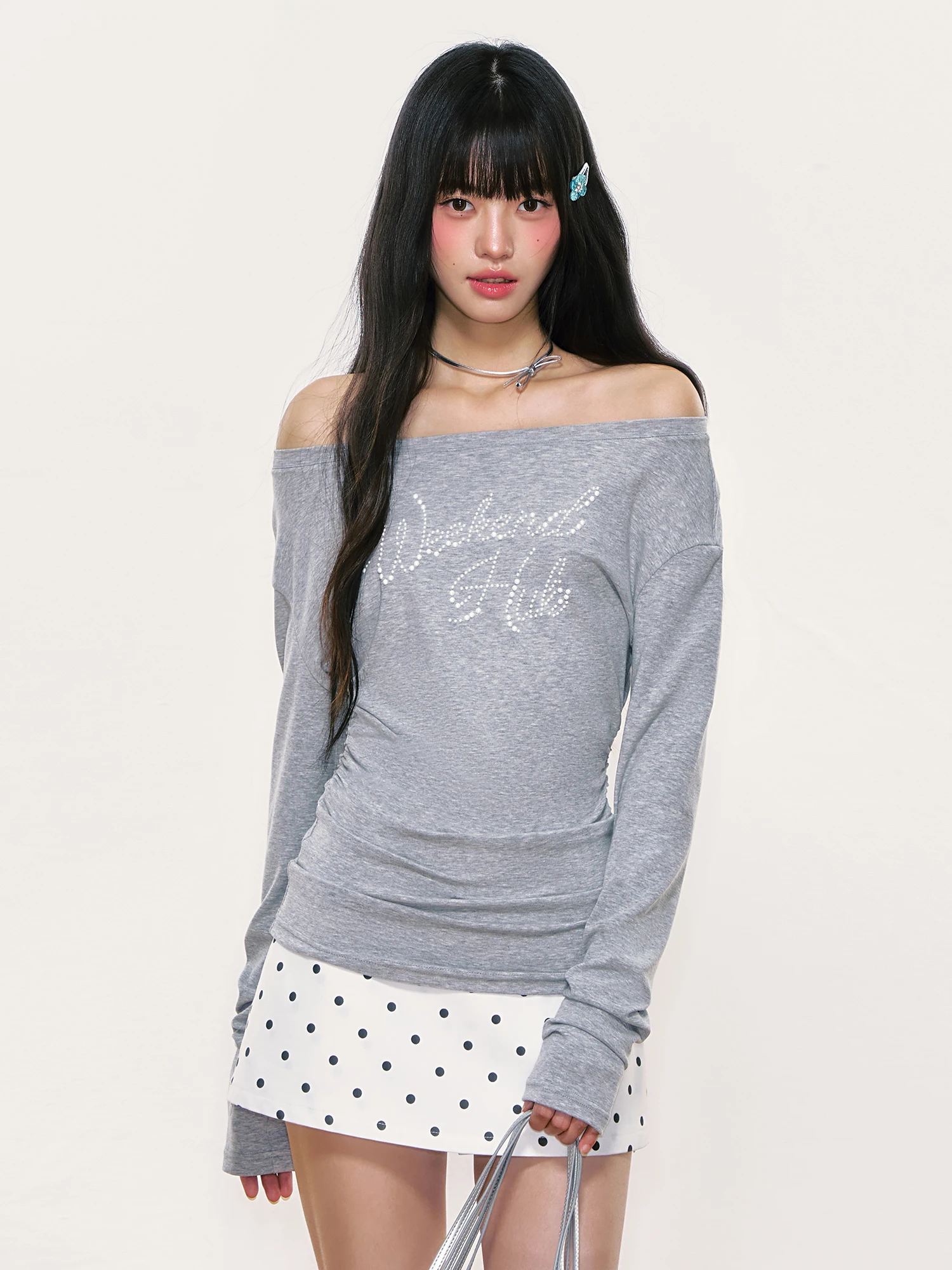 

Wedhub Letter Rhinestone One-oulder Long Sve Women's T-irt Unique Sle Cotton Blend Comfortable Fit Autumn Top