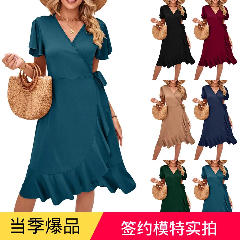 

2025 Summer New Sexy Cross V-Neck Short Sleeve Tie-Waist Dress Irregular Hem Bodycon Dress WD1036