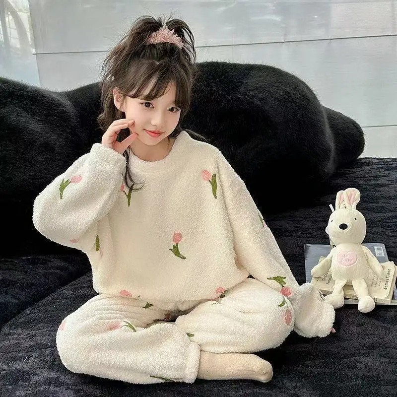 طقم بيجامة مخملية للأطفال، ملابس نوم كرتونية قطيفة للفتيات والأطفال الصغار #1