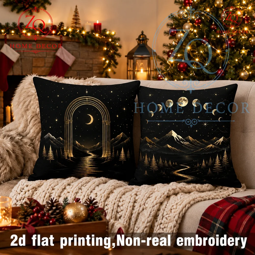 Vintage Gothic Celestial Moon Phase Throw Pillow Cover Black Gold Starry Night Wilderness Cushion Case for Cozy Boho Home Decor