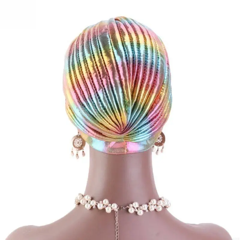 النساء قوس قزح معدني العربية قبعة عمامة الملتوية الجبهة مطوي حك بريق ملون قبعة مسلم الحجاب فقدان الشعر الكيماوي قبعة