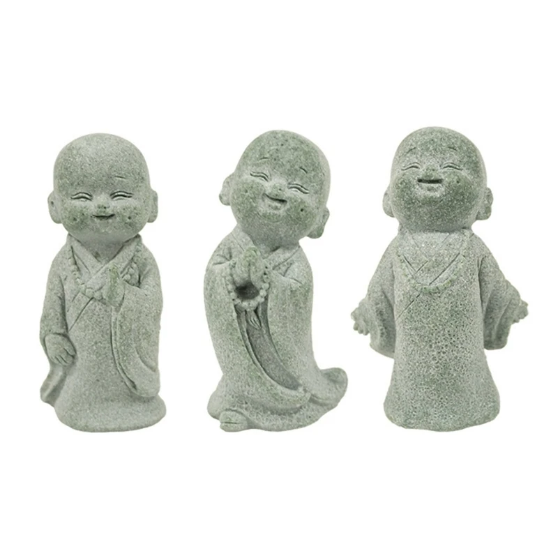 3Pieces Miniature Monk Figures Faux Sandstone Sculpture for Home Garden Decors Dropship