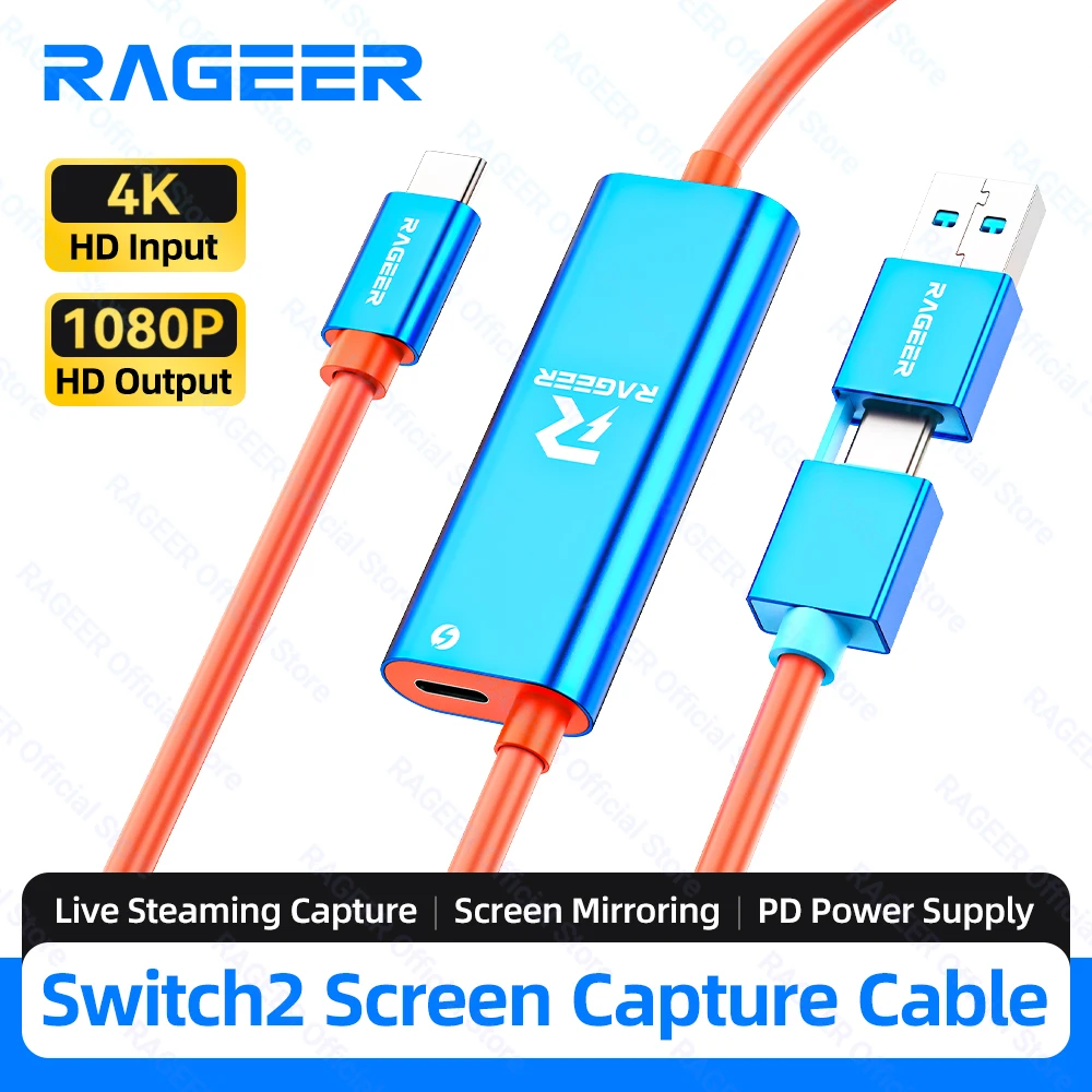 RAGEER Video Game Capture Box Dual Interface USB C/A 100WPD Aluminum Heat Dissipation Record Video Audio Gaming for Switch etc