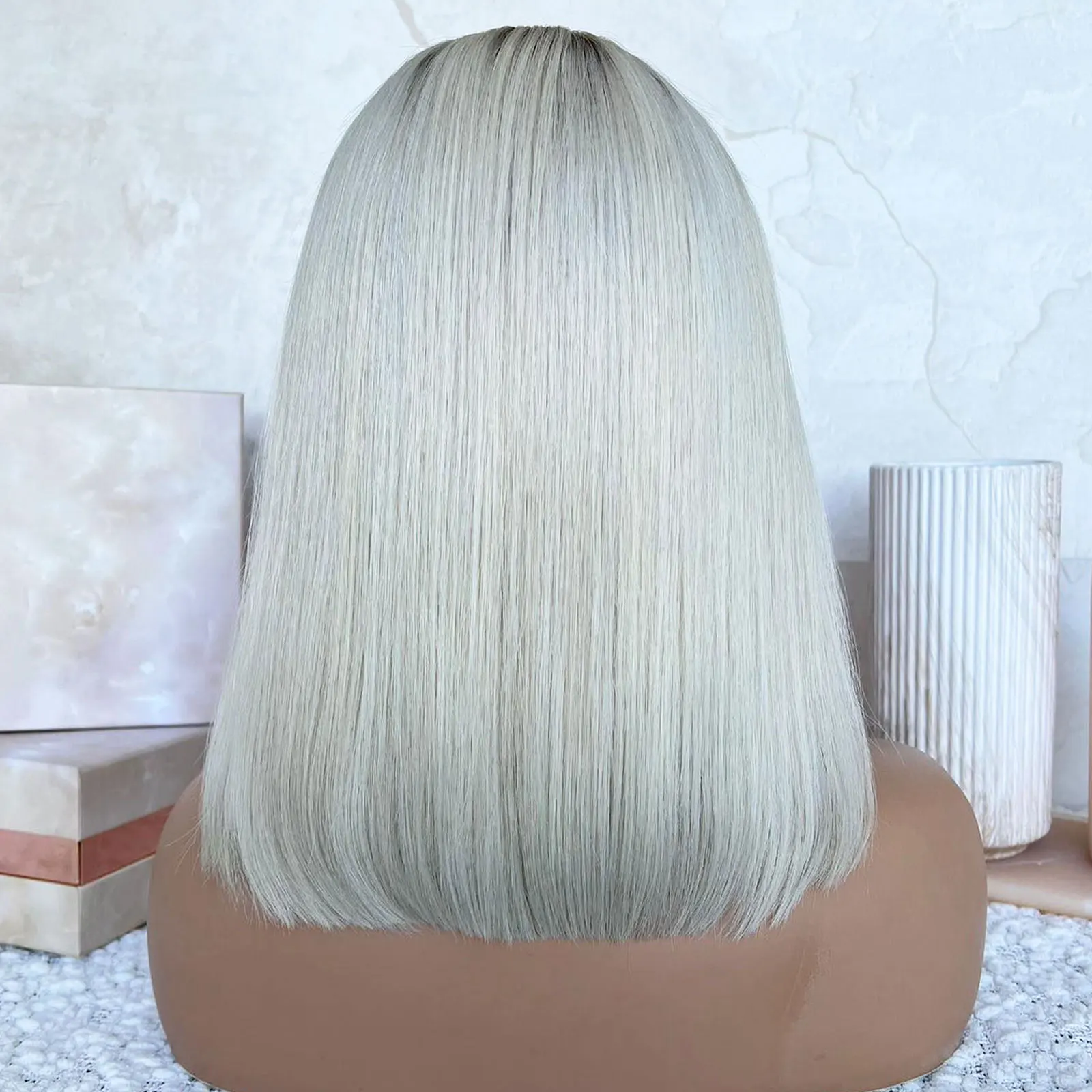 Ombre Ash Blonde Short Bob Wigs Dark Roots Colored Synthetic Lace Front Colored Straight Blonde Wig For Women Daily Use