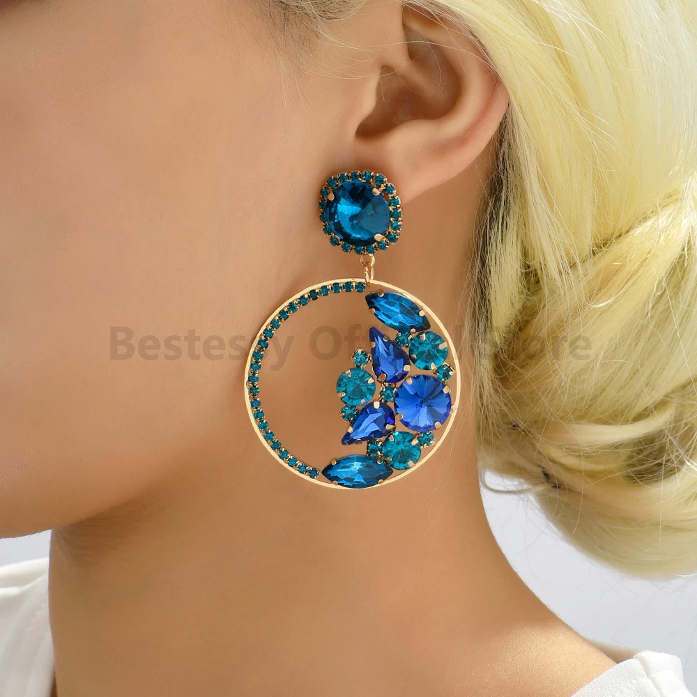 Fashion Rhinestone Hoop Dangle Earrings For Women Trend Luxury High Quality Round Big Pendants Vintage Jewelry Party Accessories