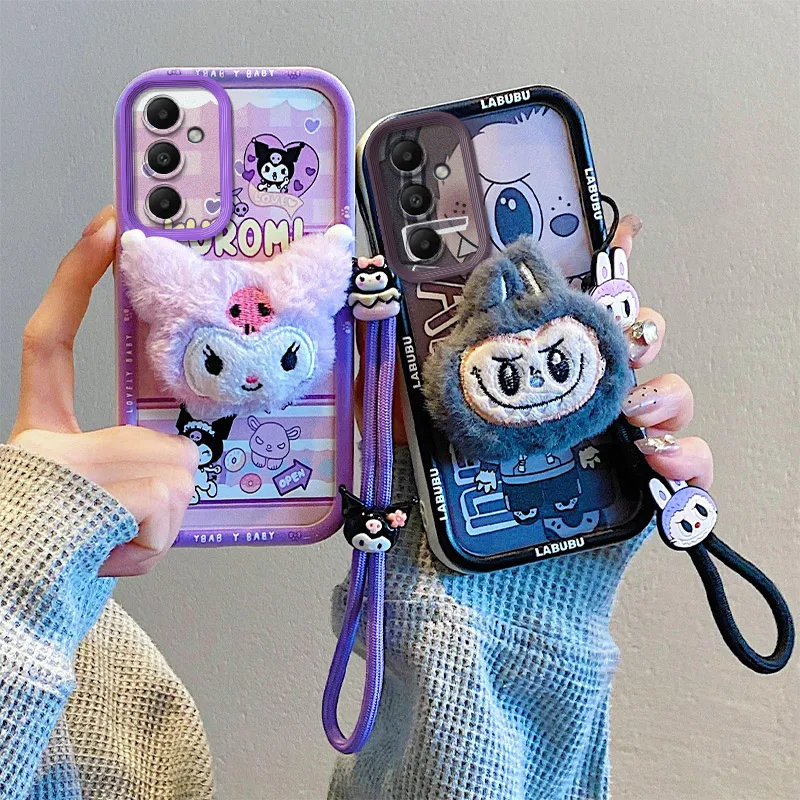 3D Labubu Cartoon Fur Phone Case for Tecno Spark 10C 20C Go 10 20 Pop 7 Pro 8 9 Pova 6 Neo 5 With Strap Kuromi Soft Plush Cover