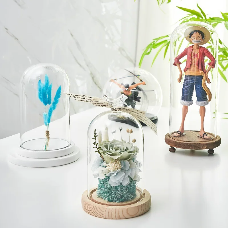 Imitation Flower Glass Cover with Wooden Base Dome Cover for Succulent Plants Home Decor DIY Figure Doll Display Box Dust Cover