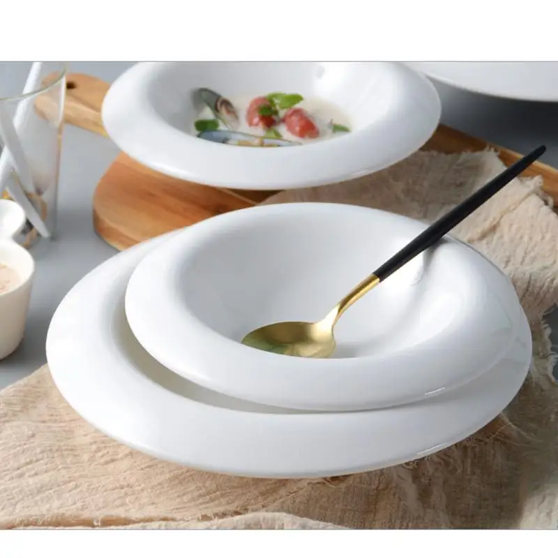 

White Round Dinner Plate Pasta Ceramic Household Soup Simple Kitchen Restaurant Dessert
