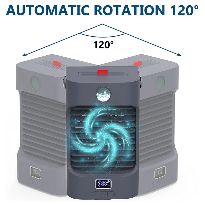 Chłodnica, funkcja obrotu 120 °, przenośny nawilżacz i oczyszczacz powietrza oraz 3 prędkości wentylatora, światła LED, temperatura wyświetlacza