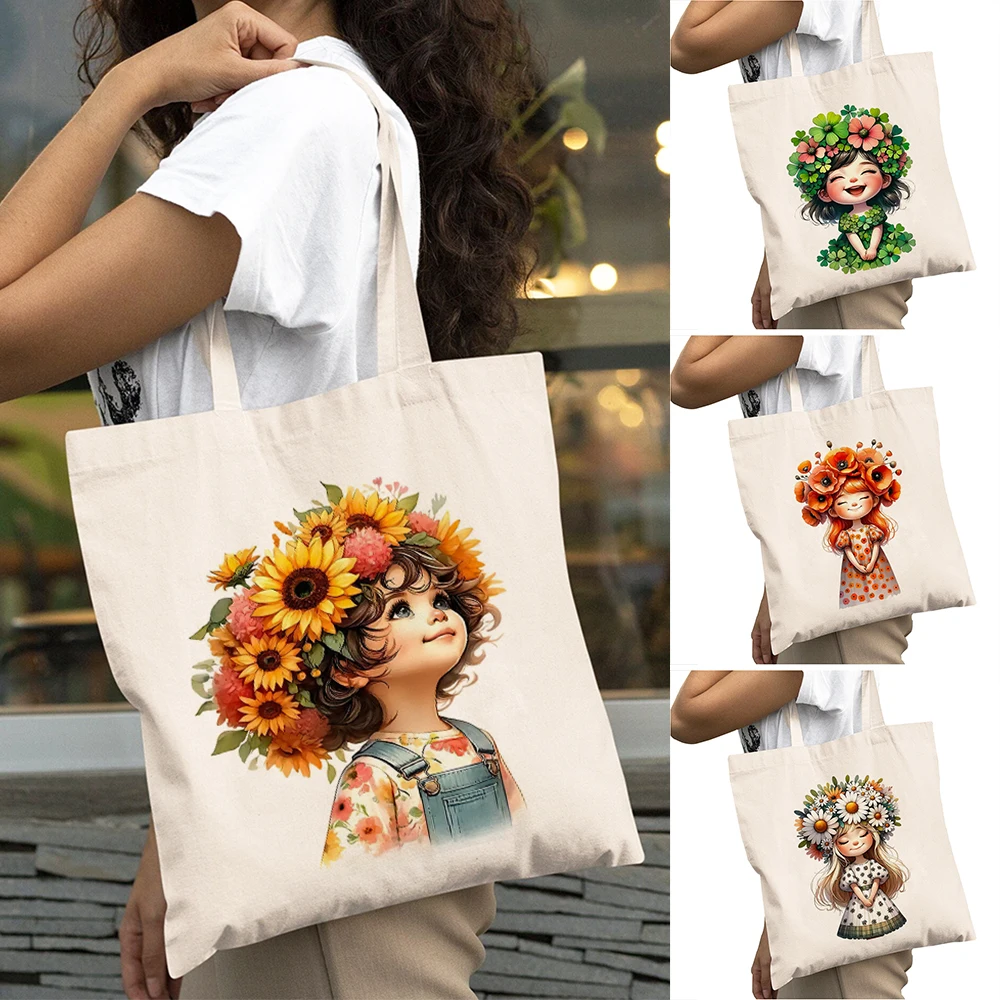 

Sunflower Wreath Girl Shopping Bags Clover Bloom Lady Daily use Shoulder Handbag Double Print Poppy Crown Women Shopper Bags