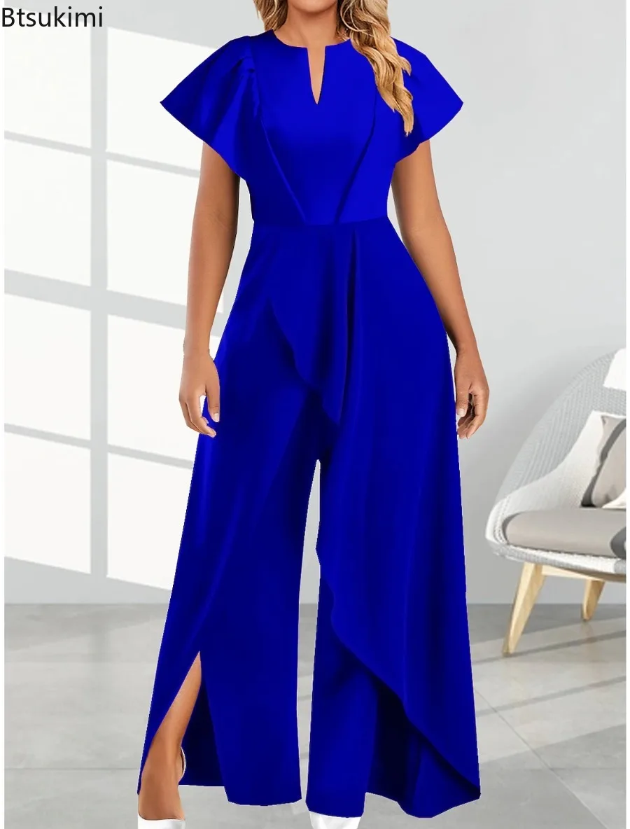 2024 Women's Fashion Elegant Jumpsuit Solid Slim V-neck Short Sleeve Bodysuit Irregular Wide Leg Pants Ladies Party Gown Rompers