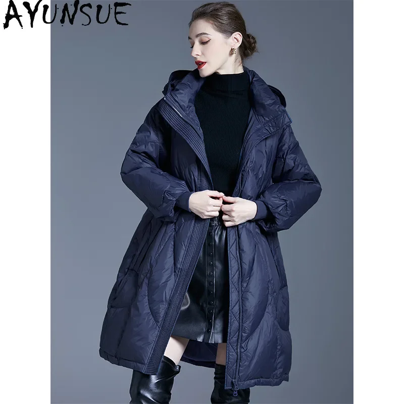 AYUNSUE White Duck Down Puffer Jacket Women with Hood 2024 Winter Long Coat Warm Down Coats Oversize Womans Clothing Пуховики