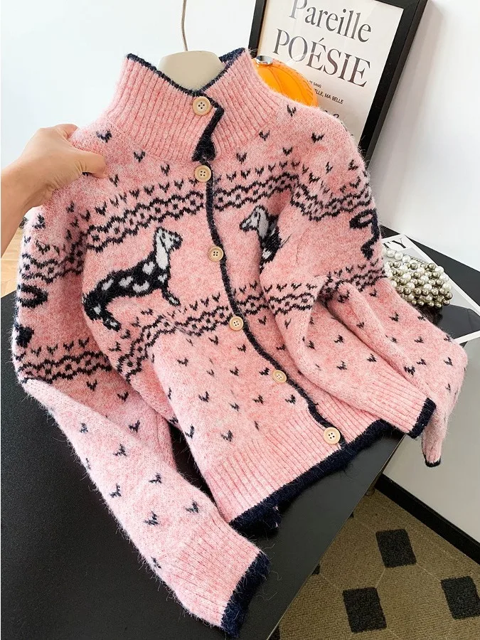 Cardigan aperto con motivo floreale lavorato a maglia dolce rosa Top Guangzhou Tredicesimo Fac Donna Autunno Inverno Camere Swe...