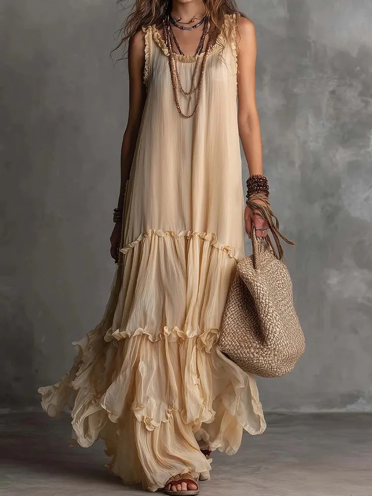 Damen Sommer Boho Ärmelloses Schickes Maxikleid Urlaub O-Ausschnitt Mode Einfaches Partykleid 2026 Einfarbiges Elegantes Streetwear-Kleid