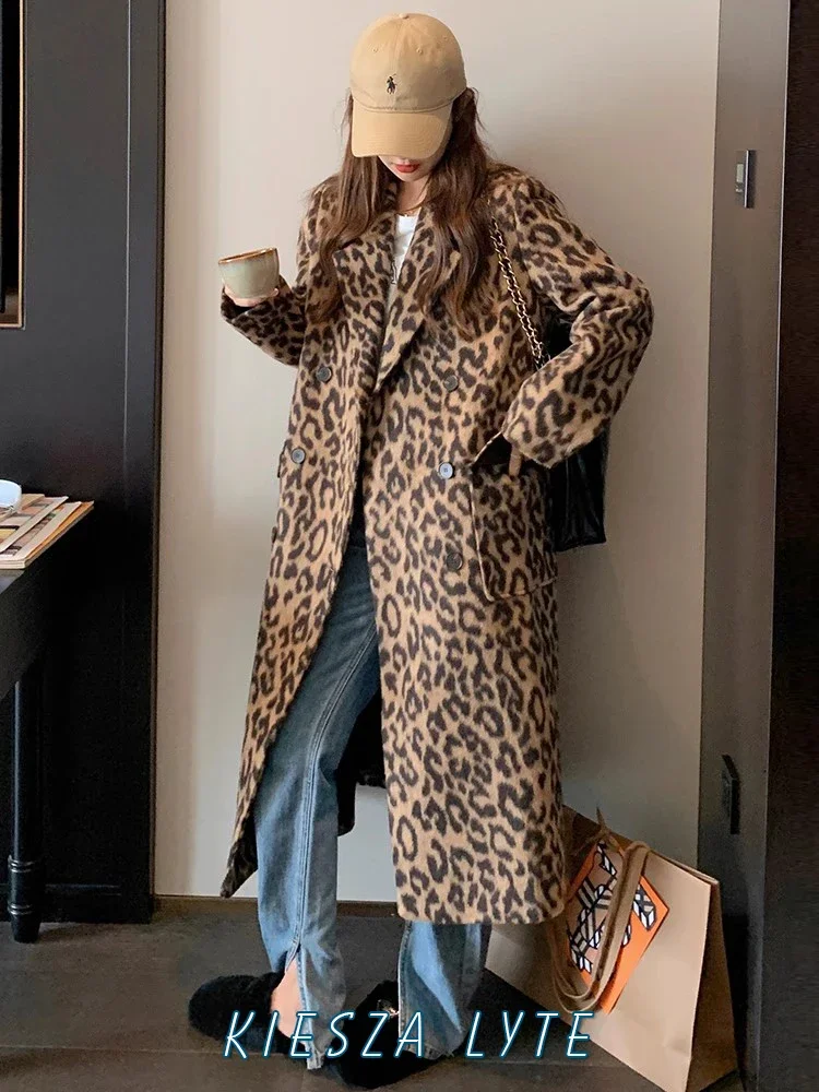 

Overcoat New Autumn Winter Woolen Coat Women Brown Leopard Print Midi Wool Coats 2024 Paris Fashion Show High Quality Outerwear