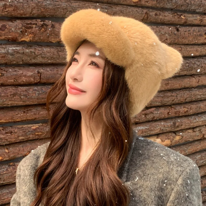 Natural Real Rabbit Fur Hat For Women Cat Ear Baseball Cap Thickened Warm Winter Brimmed Hat Fashion  Adjustable Casual Cap