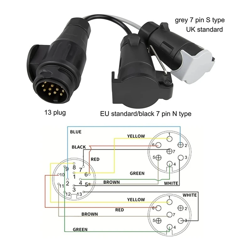 Adaptateur de remorquage 13 broches à 7 broches 12N + 12S, barre de remorquage, conversion électrique, plomb pour remorque, camion, caravane