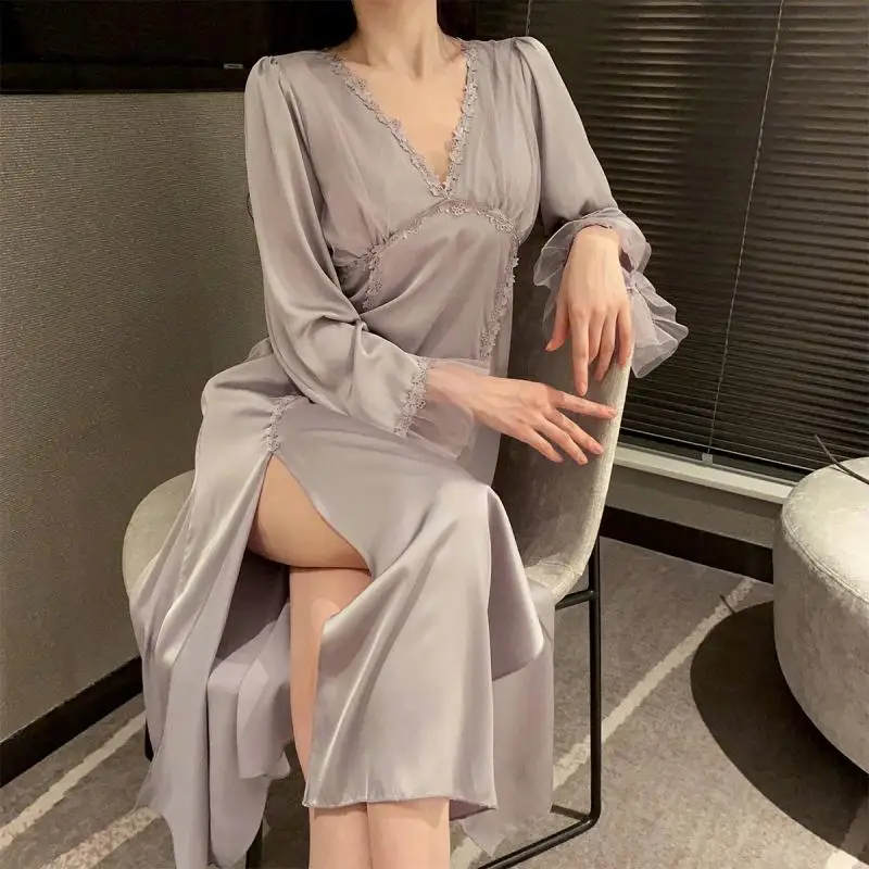 150Kg Large Size Women's Summer Thin French Lace Ice Silk Pajamas Spring and Autumn Fat Mm Nightgown Comfortable Breathable