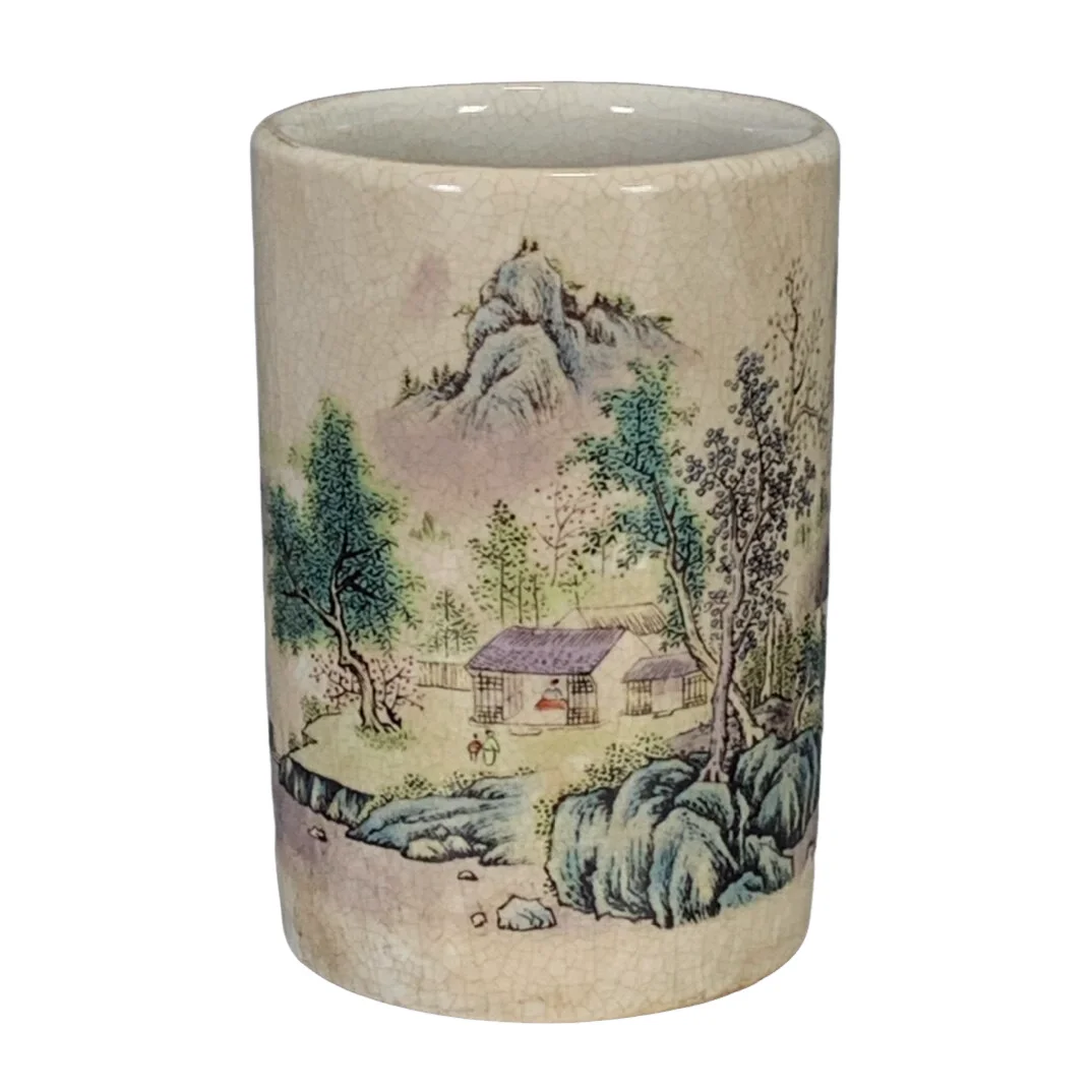 Chinese Antique Porcelain Daqing Guangxu Mark Ge Kiln Crackle Glaze Famille Rose Landscape Brush Pot Chinese Curio Collectible