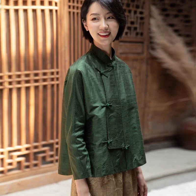 Dark Green Chinese Collar Long Sleeves Ethnic Style Shirt Women Cheongsam Top Tang Suit Vintage Femme Traditional China Blouse