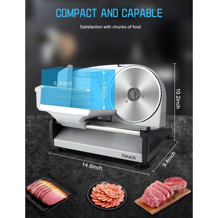 家庭用電動ミートスライサー、取り外し可能な7.5インチステンレス鋼刃、厚さ調整可能、チャイルドロック安全機能付き