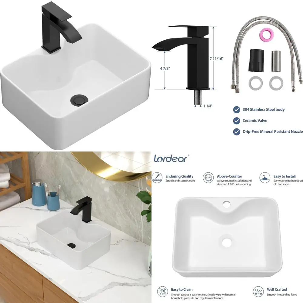 

Modern Rectangular White Porcelain Ceramic Above Counter Vessel Sink with Faucet Hole, 16x12 Inches, Art Basin Vanity Sink for C