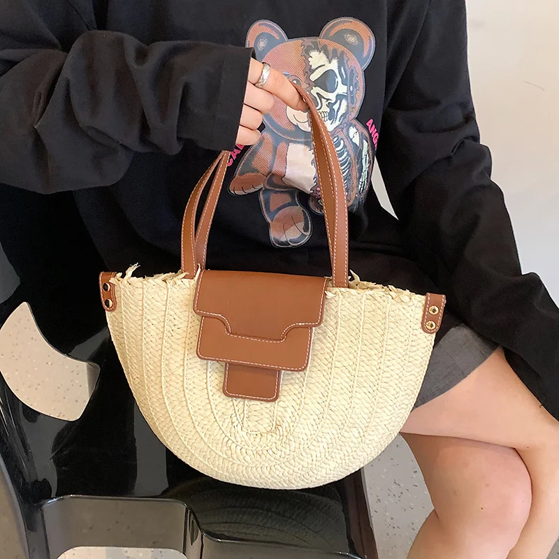 

Semicircle Weave Large Capacity Fashion Straw Bag for Women 2023 Fashion Handmade Summer Beach Travel Holiday Shoulder Bag Totes