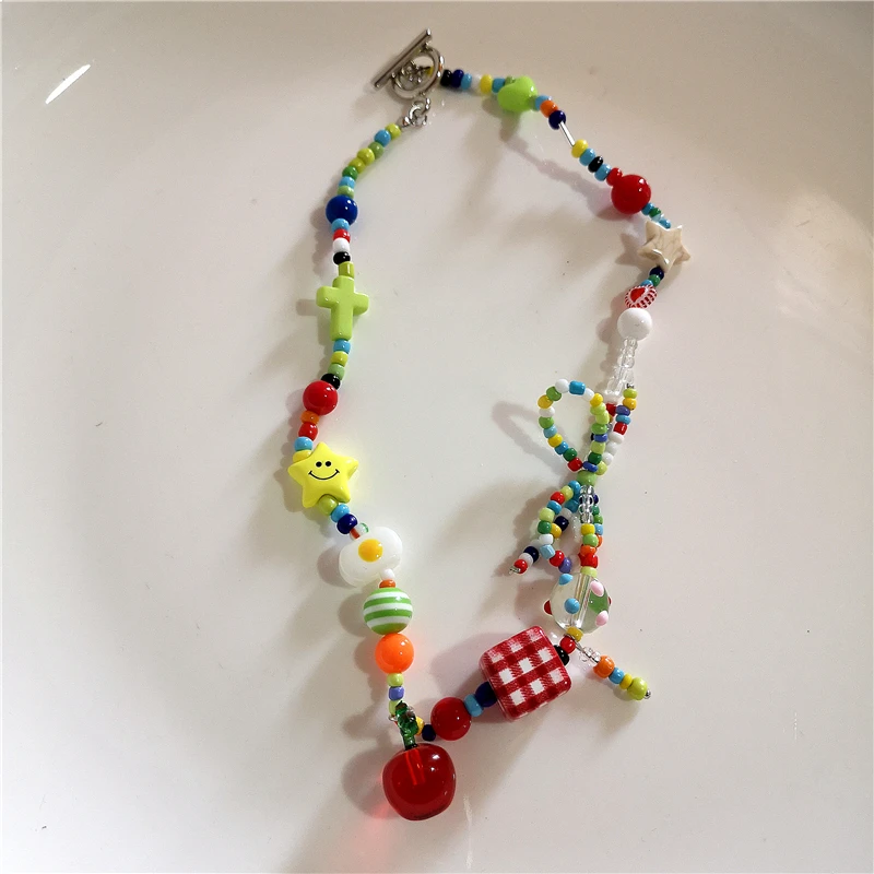 Kpop Boho Colorful Cherry Heart Star Pendant Peart Choker Necklace For Women Sweet Aesthetic Y2K Harajuku Jewelry Accessories