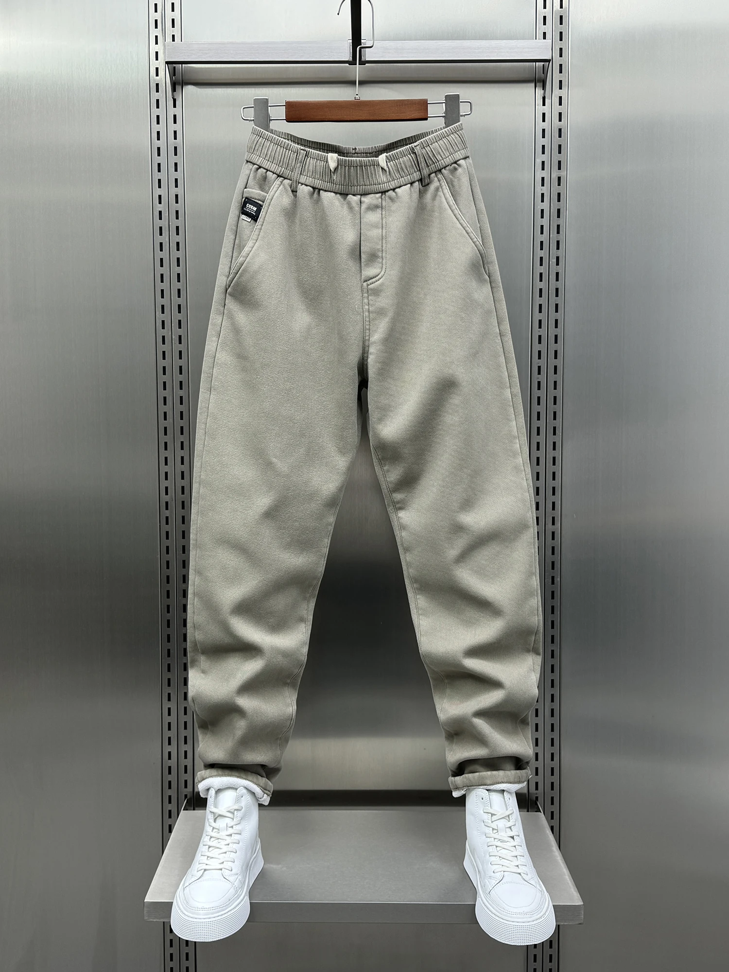 

Khaki Fce Lined Thiened Youth Sports Pants Autumn Winter New Sle Casual Trousers Trendy Slim Fit Pure Color Cuffed