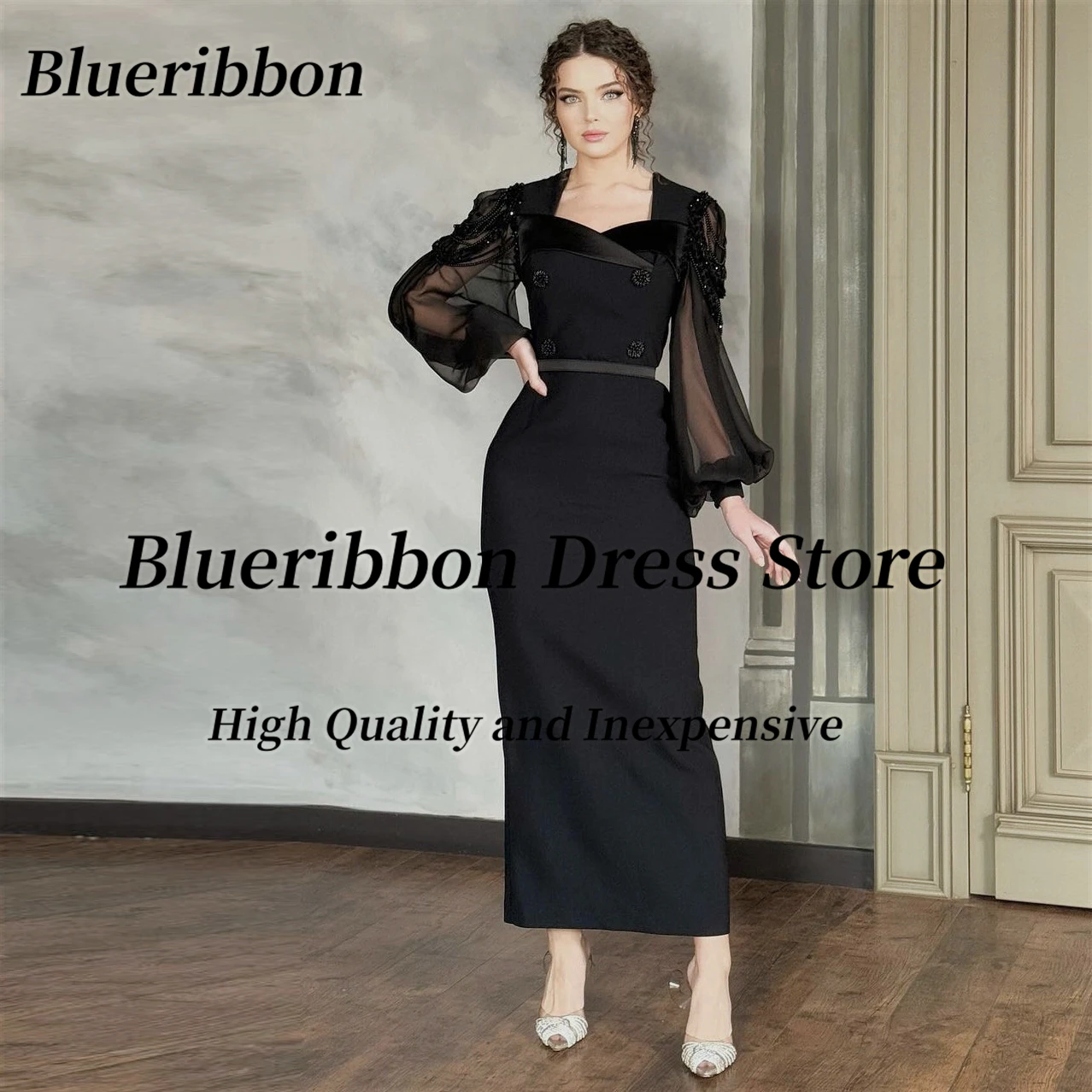 Blueribbon Birthday Party Special Prom Dresses Beaded Long Sleeves Evening Dress Zipper Back Wedding Guests Formal Banquet Gowns