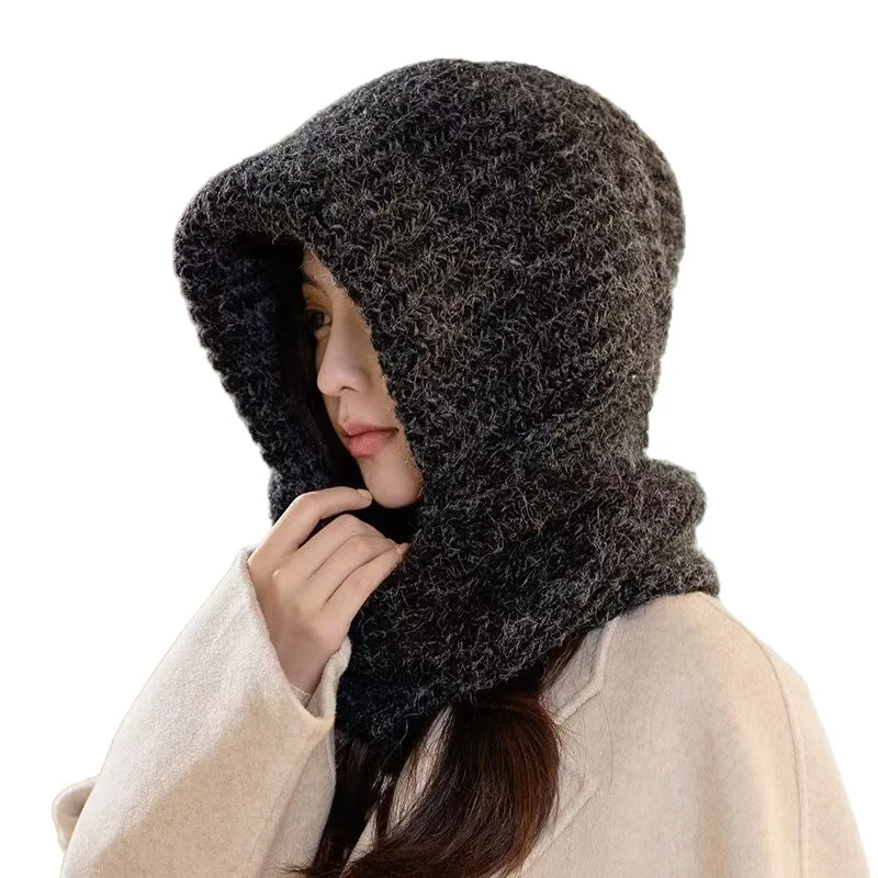 

Knit Hooded Scarf Bib Solid Color Wool Hat Women Fashion Casual Autumn Winter Warm Knit Scraf Cap Integrated Hood Neck Wrap