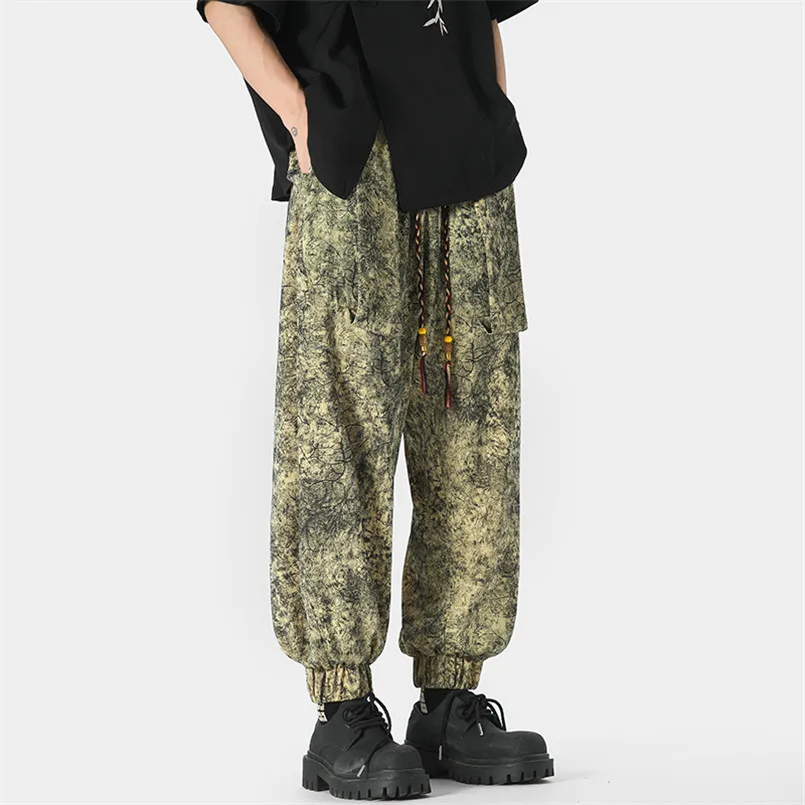 Chinese Style Pants For Men Hip Hop Harajuku Oversized Satin Printed Ice Silk Leggings Lantern Pants Breathable OverallsMale