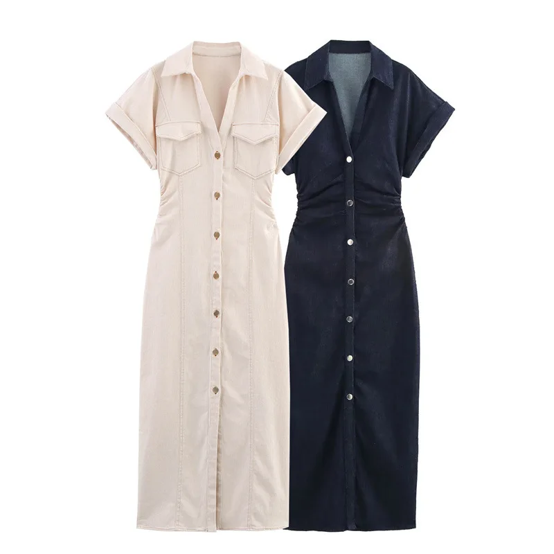 

Women's Casual Autumn Denim Long Dresses for Women 2025 New Fashion Ruched Short Sleeve Streetwear Midi Dress